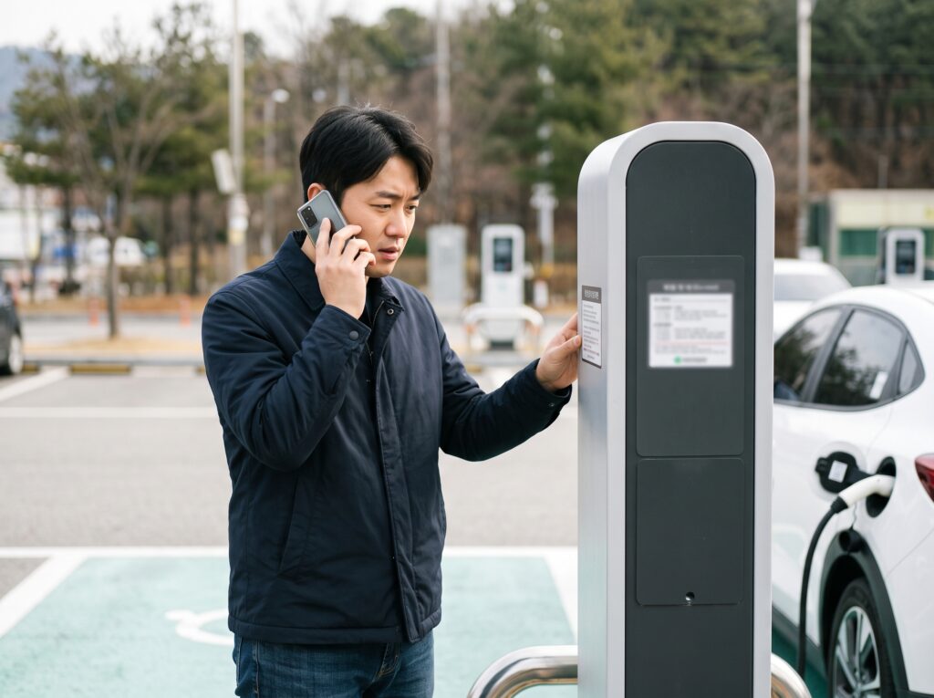 충전기에 붙은 고객센터 번호를 보고 고장을 신고하는 모습
