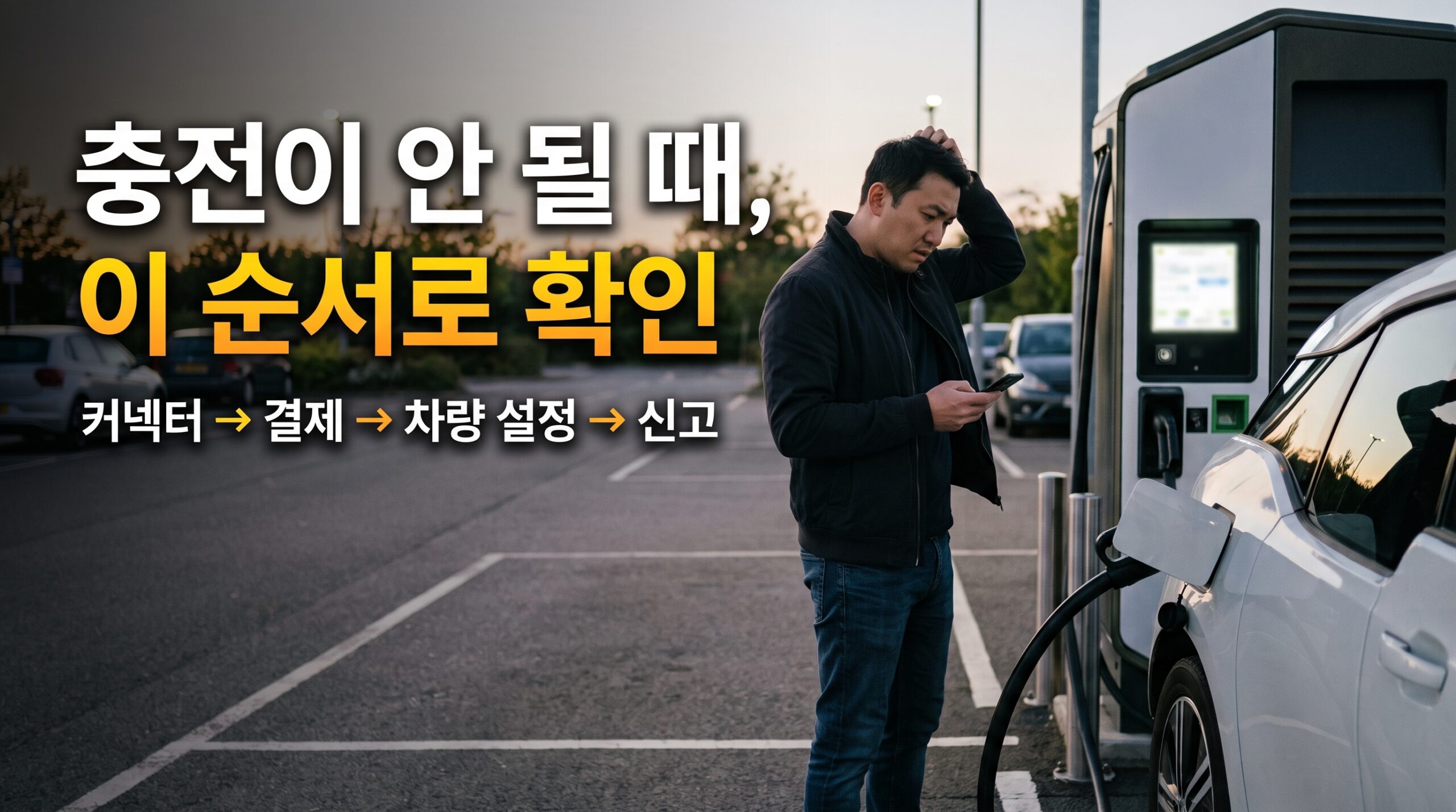 충전기 화면을 보며 충전 오류를 확인하는 전기차 운전자