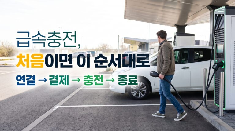 급속충전 커넥터를 들고 전기차로 향하는 운전자