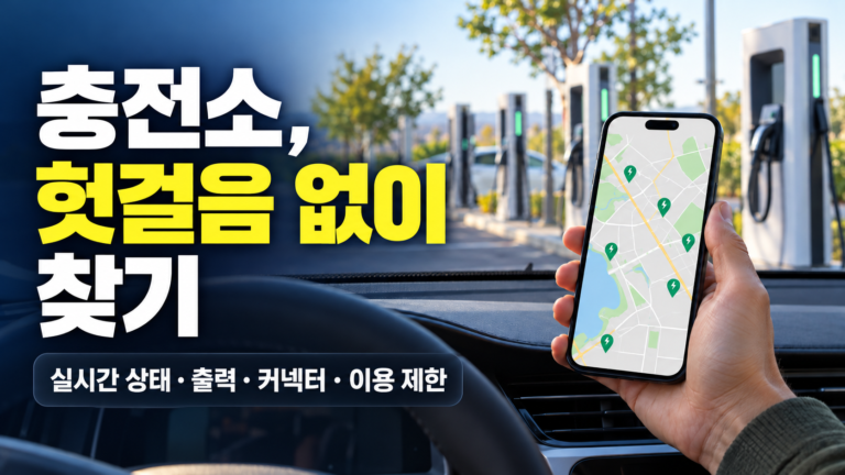 차 안에서 스마트폰 지도로 충전소를 찾는 운전자
